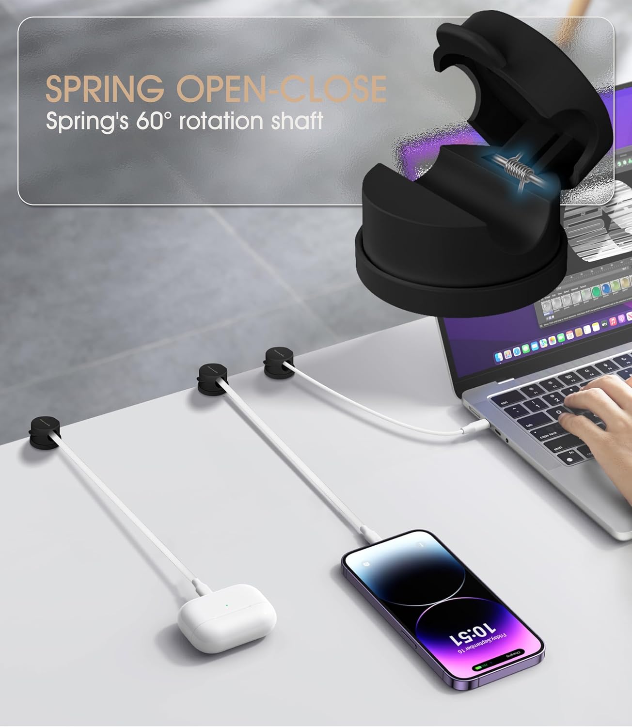 9 Pack Spring Cord Organizer Cable Clips [Locking Cable Rotatable], 2025 Latest Nearockle Phone Charging Cord Holder Cable Management for Car, Nightstand, Office Desk Accessories (Black)