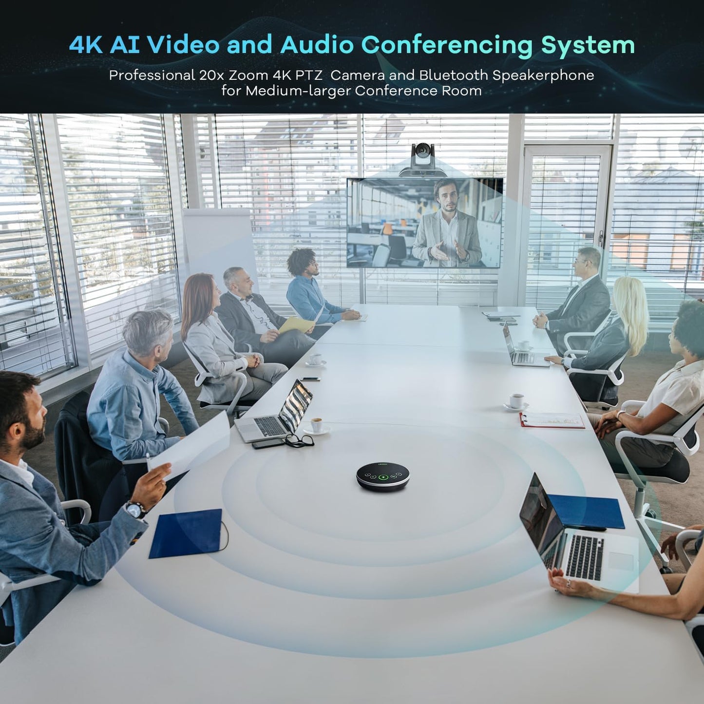 4K PTZ Conference Room Camera System AI Auto-Tracking 20x Zoom 4K PTZ Camera USB3.0 HDMI LAN outputs and Bluetooth Speakerphone with Microphone for Large Remote Meeting