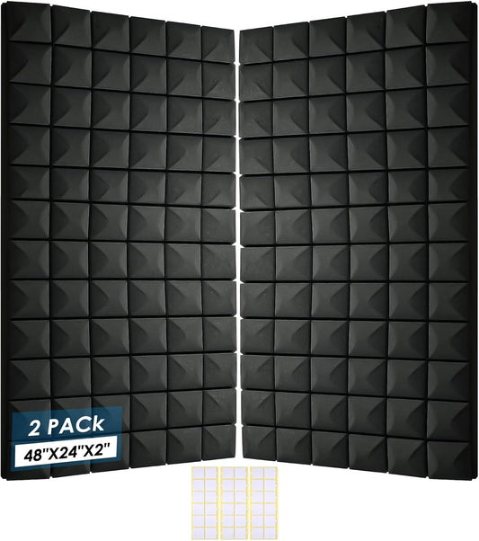 2 Pack Acoustic Panels, 48 x 24 x 2" Sound Proof Foam High Density Studio Wedge Tiles Fire Resistant Acoustic Panels for Home,Office, Recording Room, Studio (Black-2 Pack)
