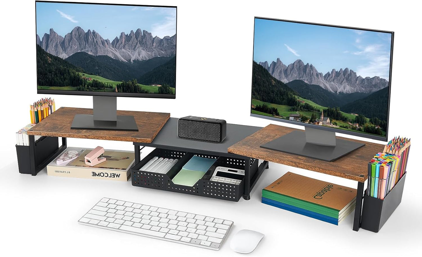 Desk Dual Monitor Stand Riser - Desk Organizer with Drawer and Pen Holders, Office Desk Accessories & Workspace Organization, Computer Monitor Stand for Laptop, Printer, TV, Office Decor, Wood