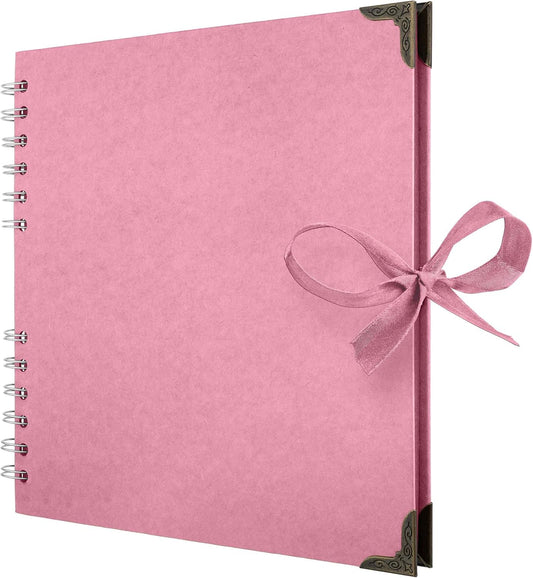 Bstorify Square Scrapbook Photo Albums 8 x 8 Inch Pink Thick Paper, Hardcover, Metal Corners, Ribbon Closure - Ideal for Your Scrapbooking Albums, Art & Craft Projects