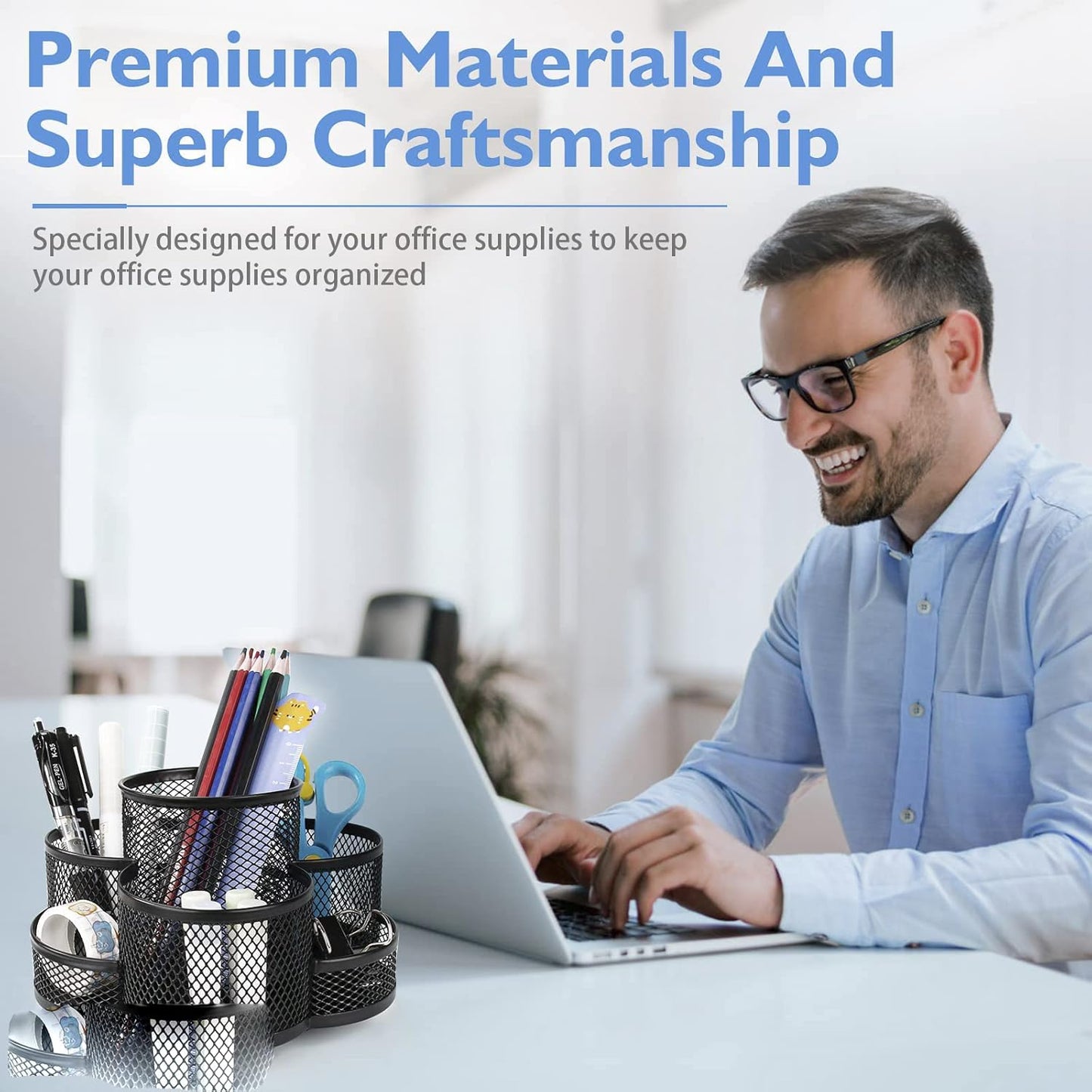 360 Rotatable Metal Mesh Desktop Pen Holder Pencil Holder Pencil Organizer Stationery Organizer Pen Pot Makeup Brush Organizer for Home School Office (Blue)