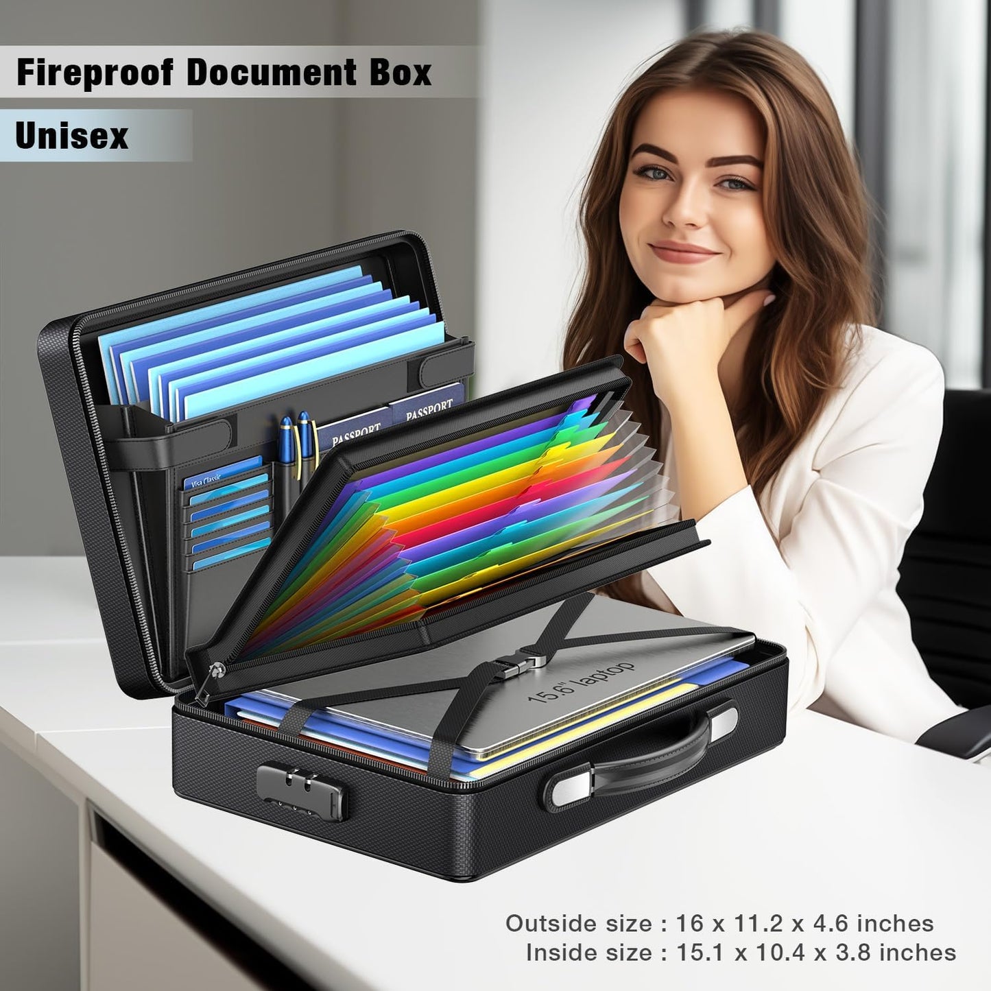 Fireproof Document Box with Fireproof Zipper, Hard Inner Shell Fireproof Document Bag with Lock, Fireproof Water Resistant Important Document Organizer 16 inch Laptop File Briefcase (Black)