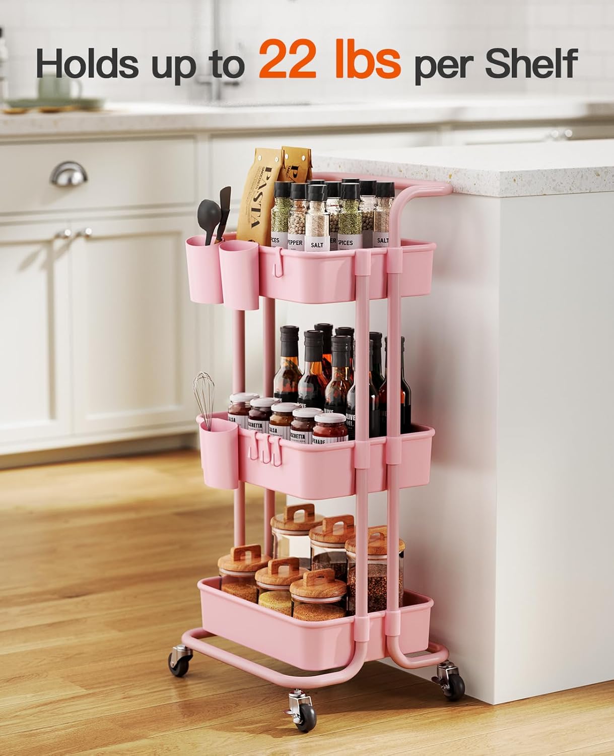 Pipishell 3-Tier Rolling Cart with Wheels, Rolling Storage Carts with 3 Hanging Cups & 4 Hooks, Mobile Utility Cart, Art Carts Organizer, Craft Cart for Office, Kitchen, Craft Room, Pink, PIUC06P