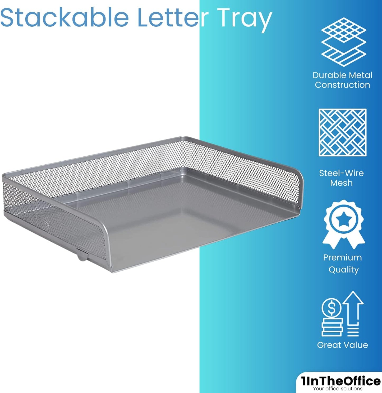 Stackable Side Load Letter Tray, Silver Wire Metal Mesh Paper Tray Organizer, "2 Trays"
