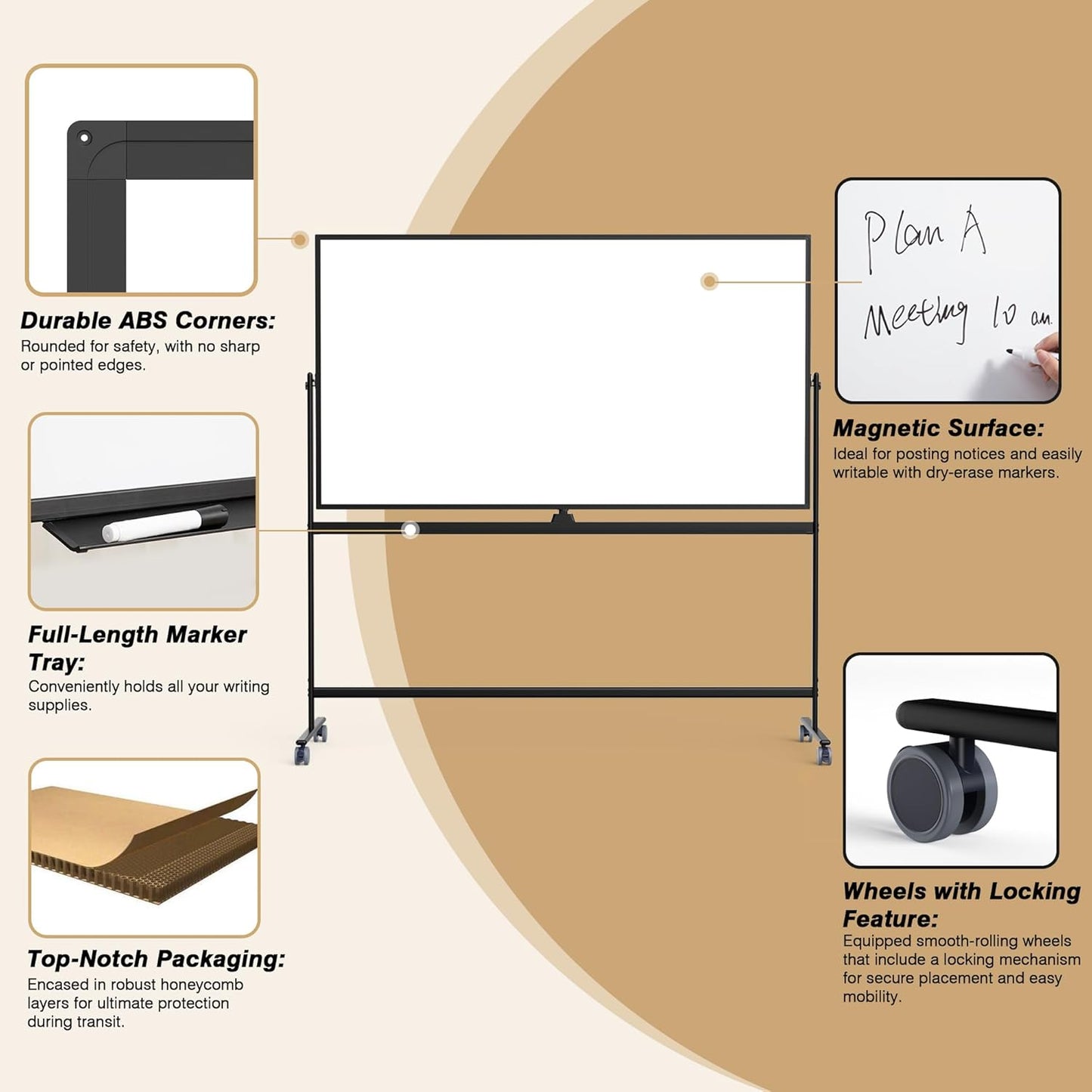 Rolling Whiteboard/w Height Adjustable, Mifuro 72 x 40 Large Portable Dry Erase Board with Stand and Wheels for Office,Classroom &School, Black