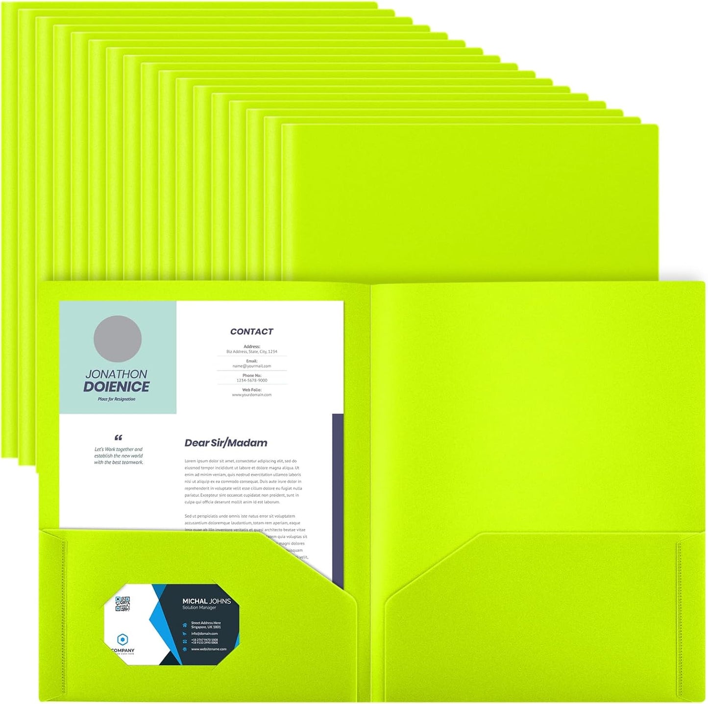 Gueevin 72 Pcs Two Pocket Folders Bulk Plastic File Folder with 2 Pockets Letter Size Paper Heavy Duty Durable Portfolios Case for Home Office School Business 11.61 x 9.45 Inch (Fluorescent Green)