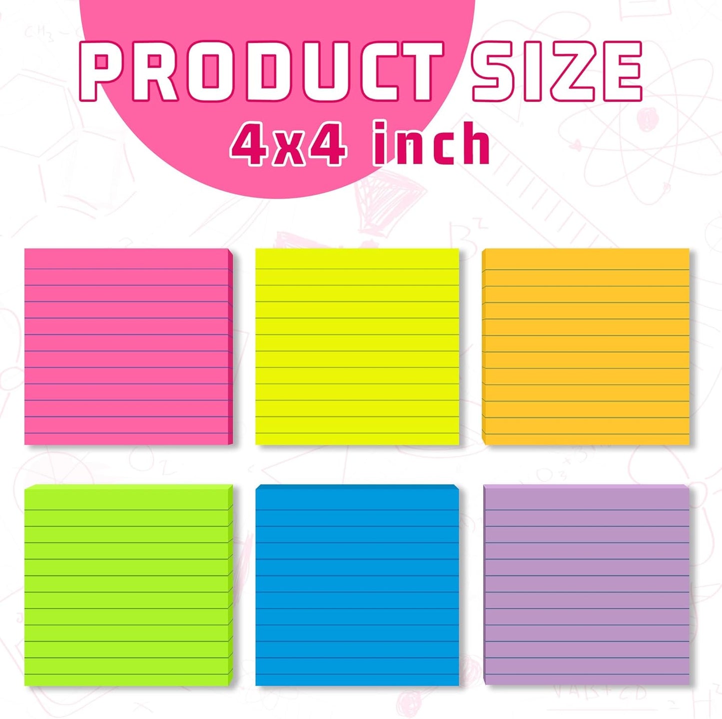 (12 Pads) Lined Sticky Notes 4x4 in Post, 6 Bright Colors with Lines Self-Stick Note Pads it, Strong Adhesive, 46 Sheets/Pad, 552 Sheets in Total