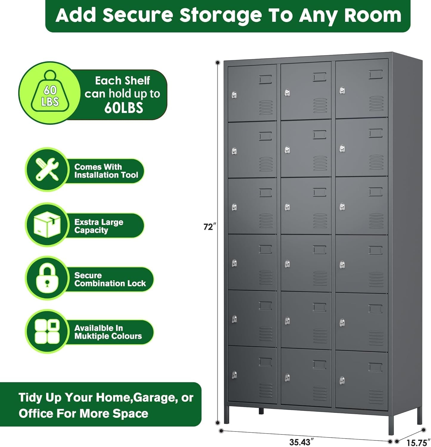 Metal Lockers for Employees with 18 Door,Metal Storage Locker with Lock for School Garage Gym Office Home Bedroom,Assembly Required,18 Doors Dark Grey