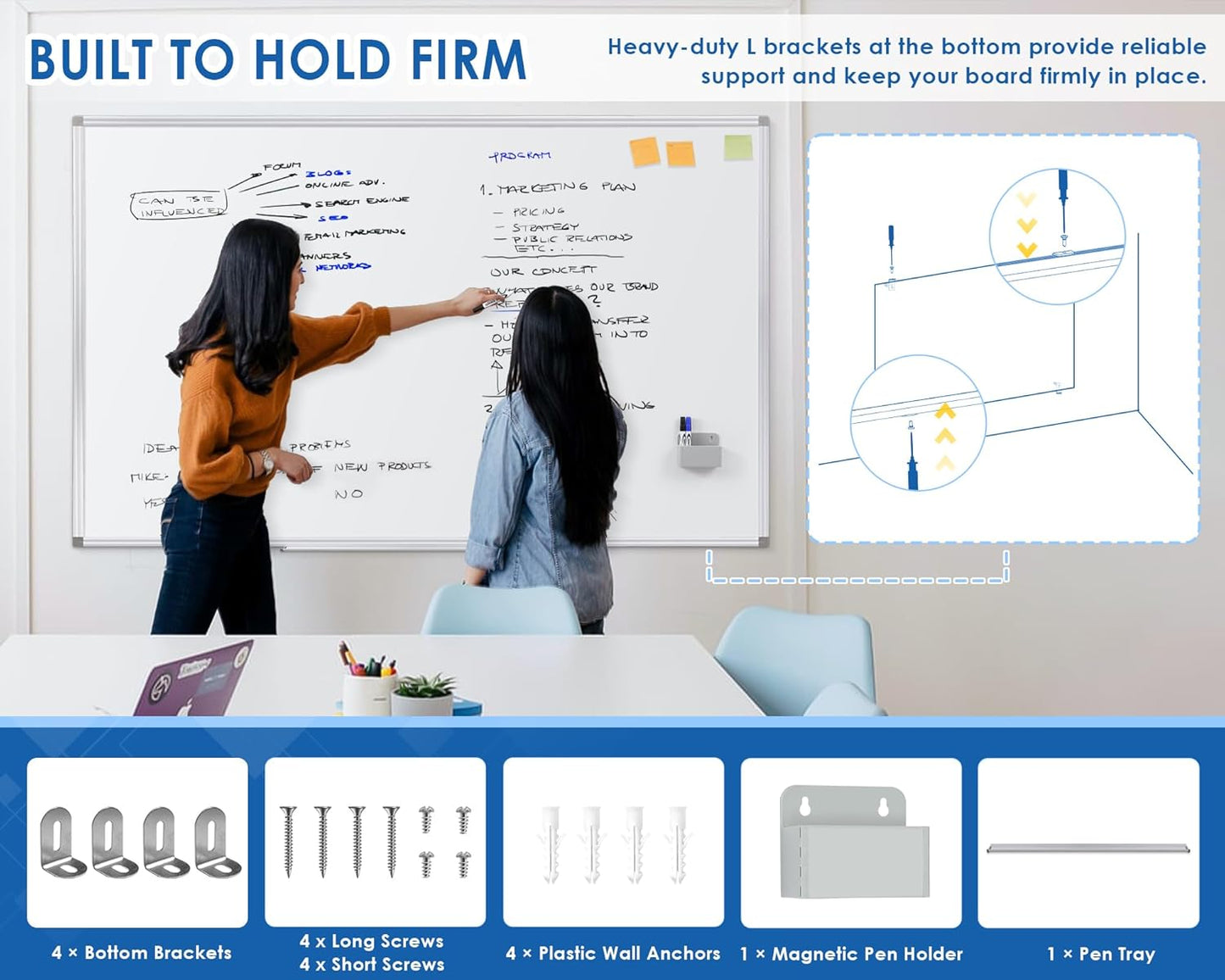 SWANCROWN White Board Dry Erase 60 x 36 Inches, Large Whiteboard for Wall with Thick Aluminum Frame, 5' x 3' Magnetic Whiteboard with Long Marker Tray & Magnetic Pen Holder for Office & Home