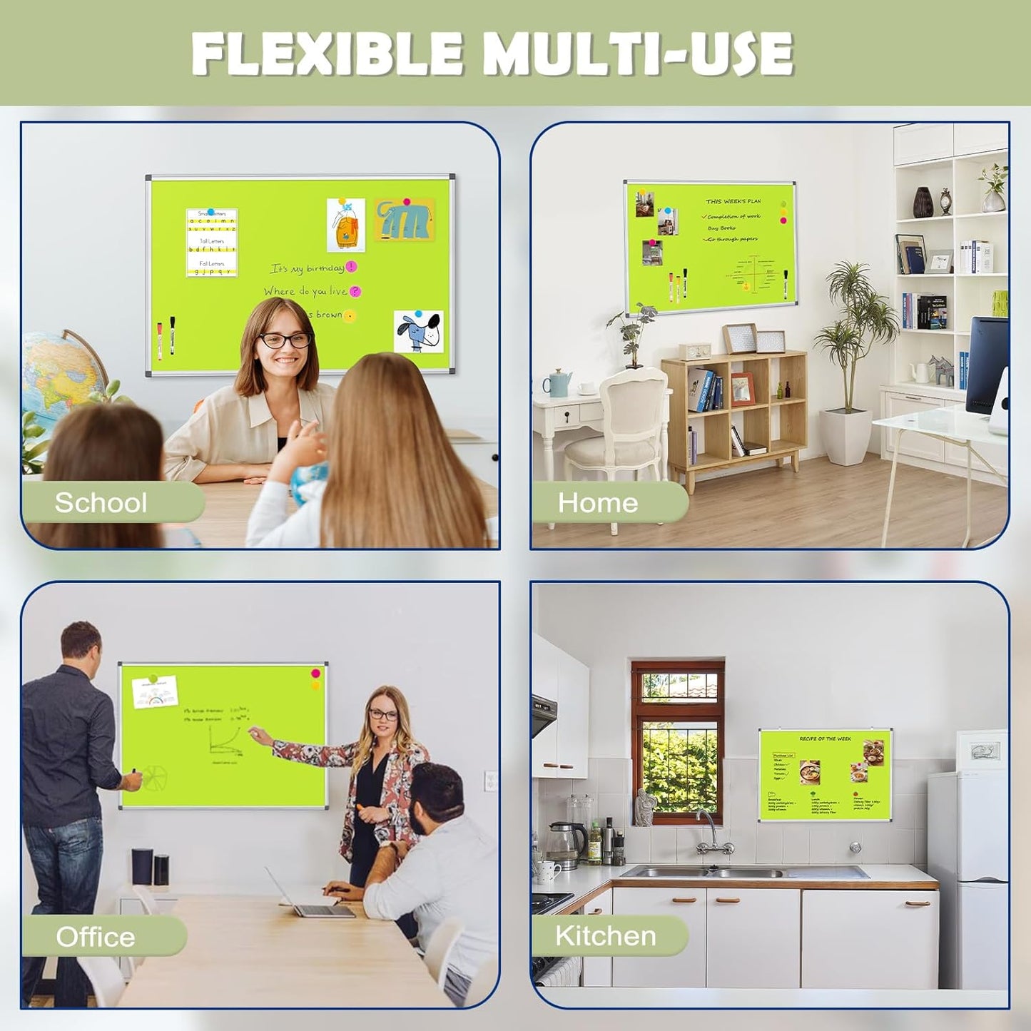 WALGLASS Magnetic Whiteboard 36"x24" Dry Erase White Board for Walls with Pen Tray, Aluminium Frame and Dry-Wipe Writing Surface for Kids' Drawing, Home, and Office (Green)