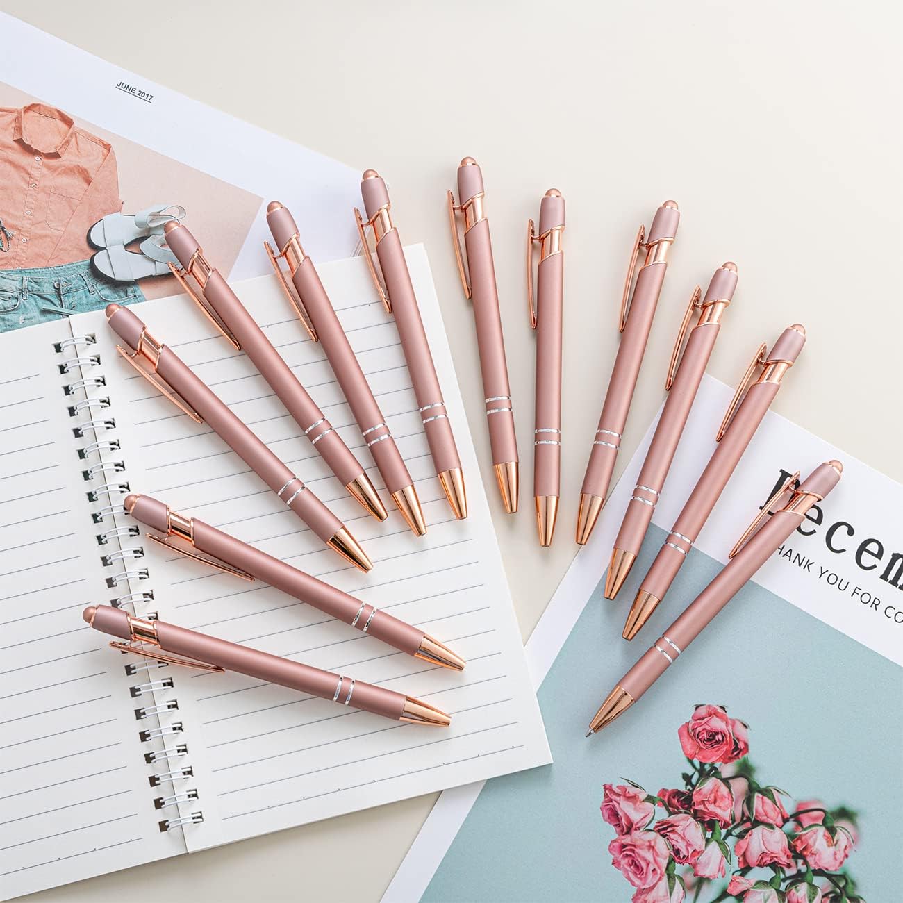 PASISIBICK 12 Pieces Rose Gold Ballpoint Pen with Stylus Tip, 2 in 1 Rose Gold Stylus Pens Stylish Pen, Metal Stylus Pen for Touch Screens, 1.0 mm Black Ink(Pack of 12)