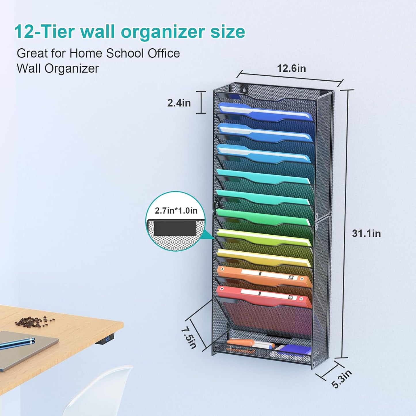 12 Tier Wall File Organizer, Mesh Letter Magazine Mail Wall File Holder Rack Hanging File Organizer With Flat Tray For Office Home, Black