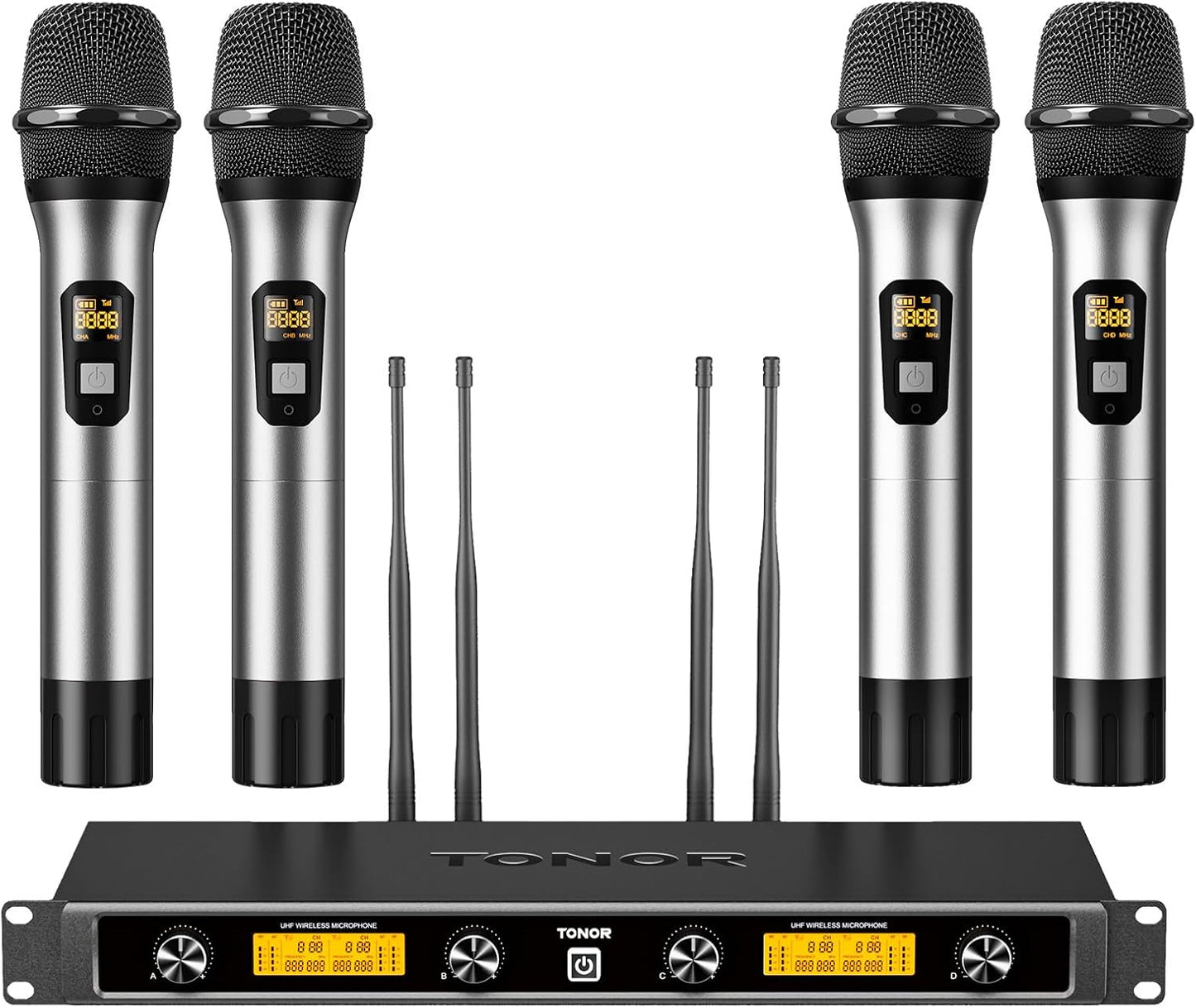 TONOR Wireless Microphones System with 4x10 Channels Metal Cordless Handheld Microfonos, 4 Antennas for 295FT UHF Range, Mics with Stable Signal Transmission for Singing Party Church Karaoke, Silver