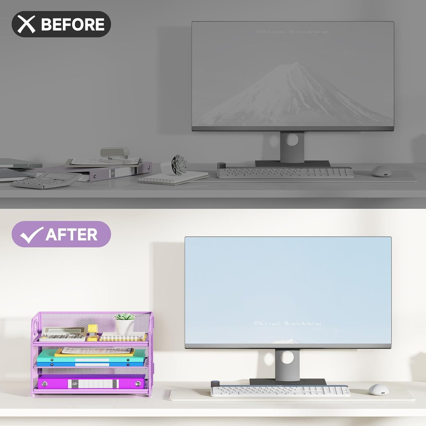 3 Tier Paper Organizer with Handle, Metal Desk Organizer Mesh Paper Letter Tray Desktop File Folder Document Sorter for Classroom, School, Office Accessories Organization and Storage - Purple