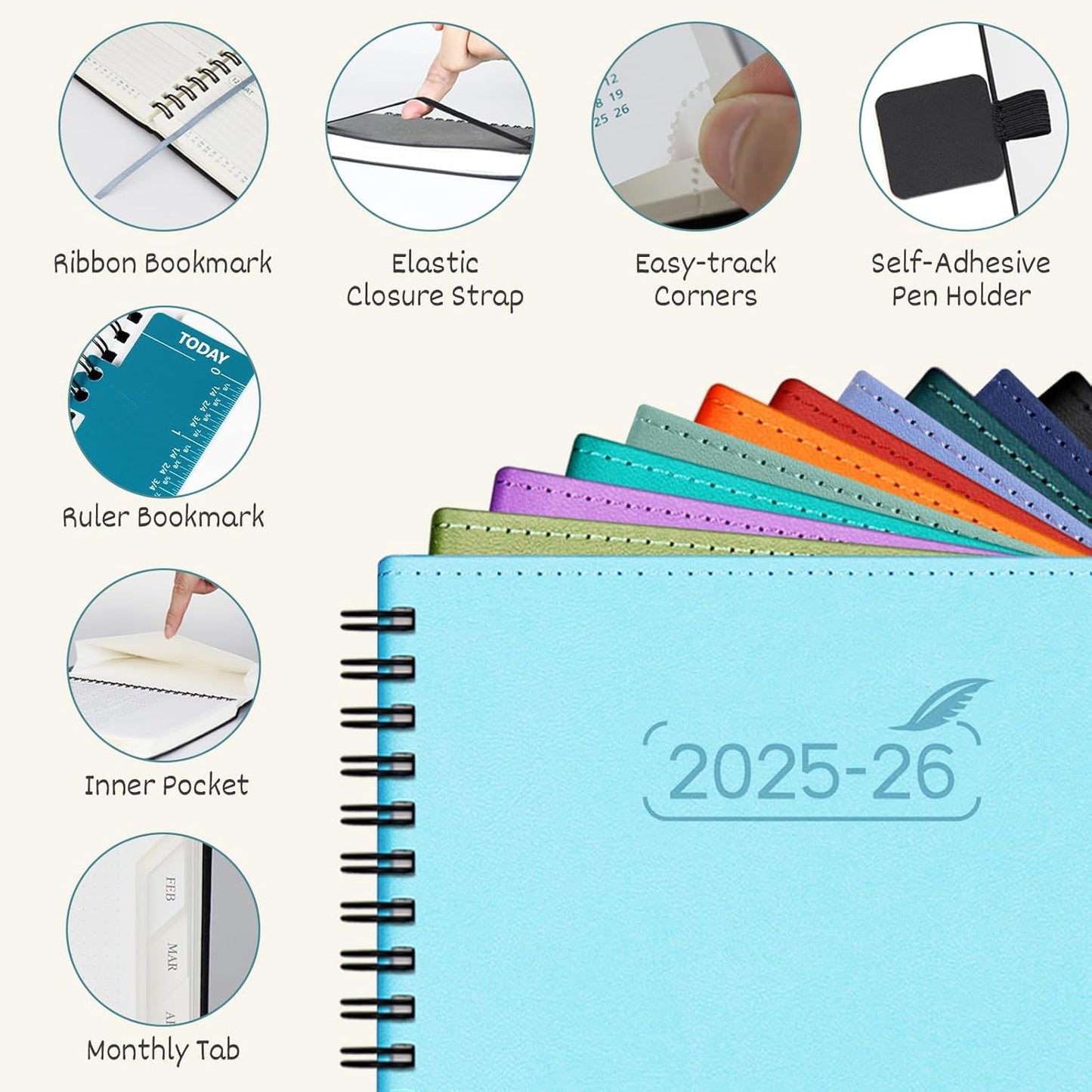 BEZEND Planner 2025-2026 Weekly and Monthly, 5.8" x 8.5" Academic Calendar (Jul 25-Dec 26) Vertical Daily Appointment with Hourly Timeslot & Monthly Tab, Spiral, PU Leather Softcover - Mint Green