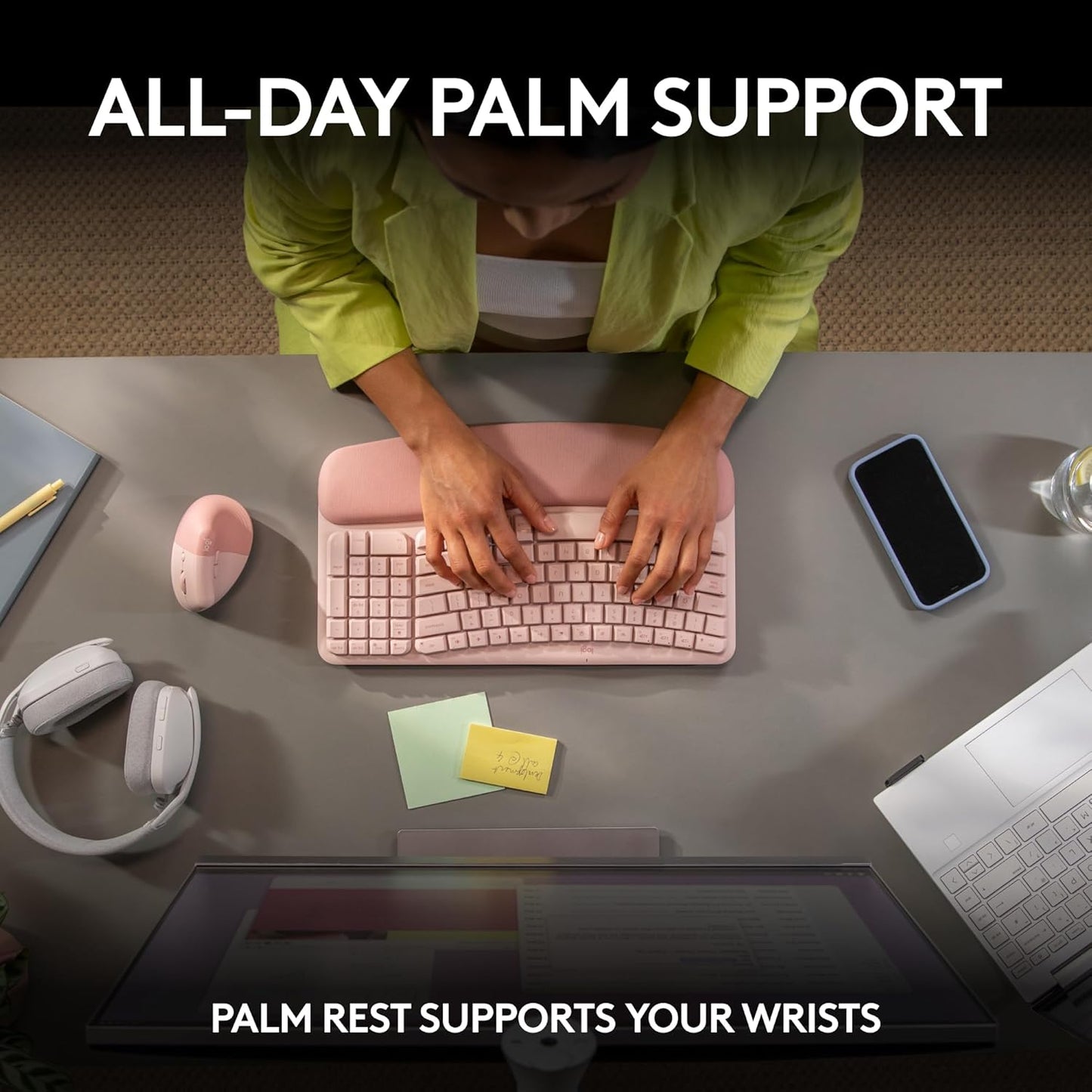 Logitech Wave Keys Wireless Ergonomic Keyboard with Cushioned Palm Rest, Comfortable Natural Typing, Easy-Switch, Bluetooth, Logi Bolt Receiver, for Multi-OS, Windows/Mac - Rose