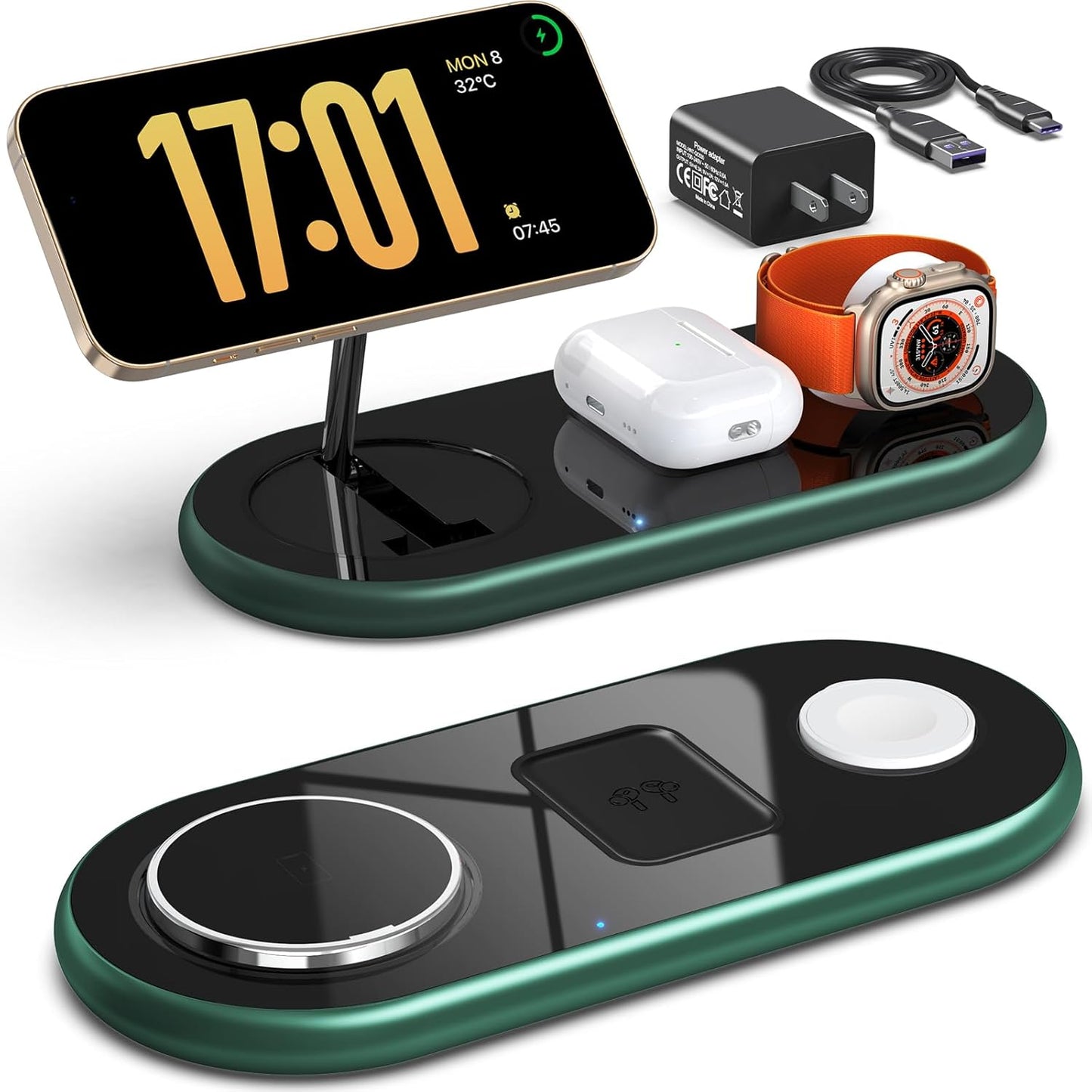 3 in 1 Charging Station for Apple Devices, Faster Mag-Safe Charger Stand, Magnetic Wireless Charger Station for iPhone 16 15 14 13 12 Pro Max Plus, Apple Watch iwacth & AirPods, (Alpine Green)