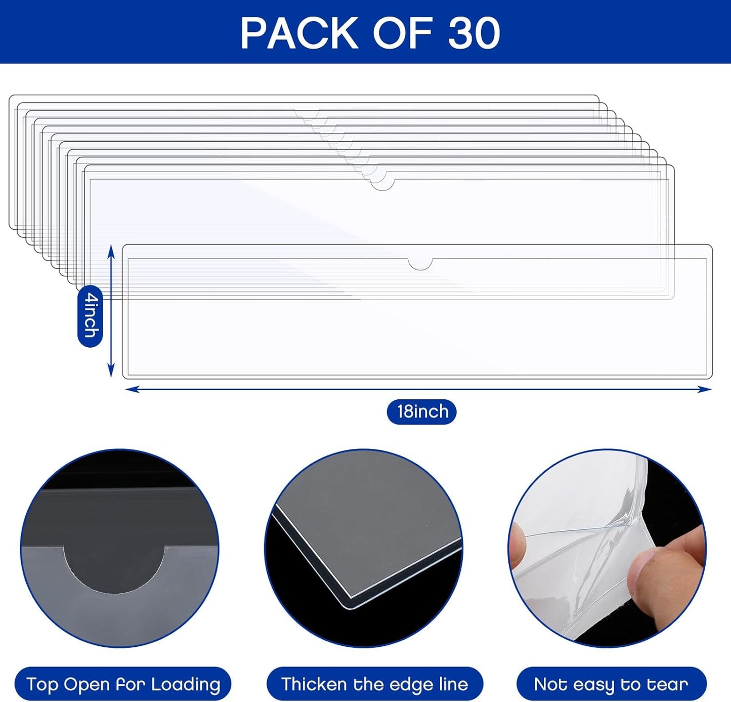 Chinco 30 Pcs Self Adhesive Pockets, Bin Labels for Storage Bins, Clear Pocket Label Sleeves, Plastic Index Card Holder with Top Open for Organizing Bins Box Drawer(18 x 4 Inches)