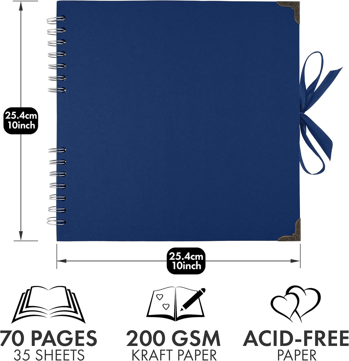 Bstorify 10 x 10 Inches Scrapbook Album 70 Pages Blue Thick Kraft Paper Corner Protectors, Ribbon Closure - Ideal for Your Scrapbooking, Art & Craft Projects (Blue, 10 x 10 Inch)