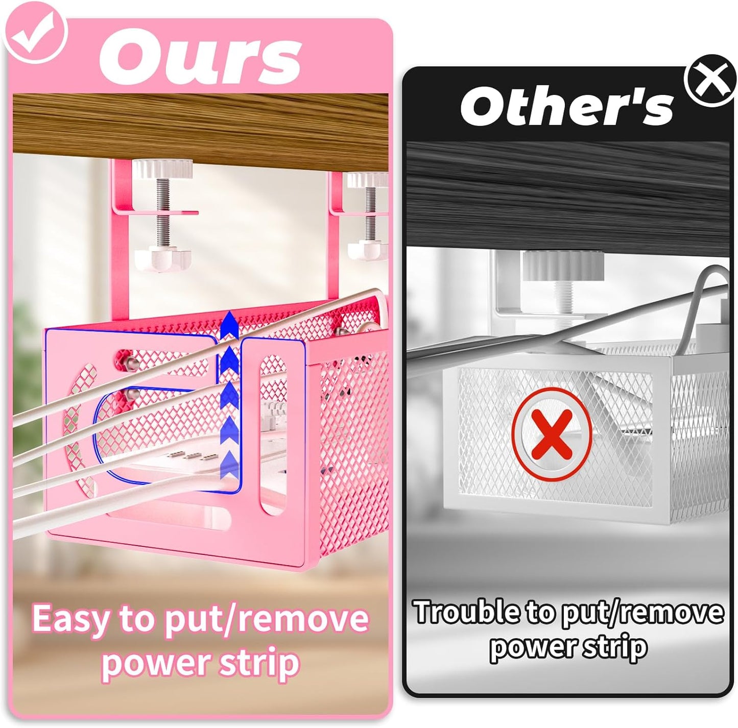 Under Desk Cable Management Tray, 15.7'' No Drill Steel Desk Cable Organizers, Wire Management Tray Cable Management Rack (2 Packs-Pink)