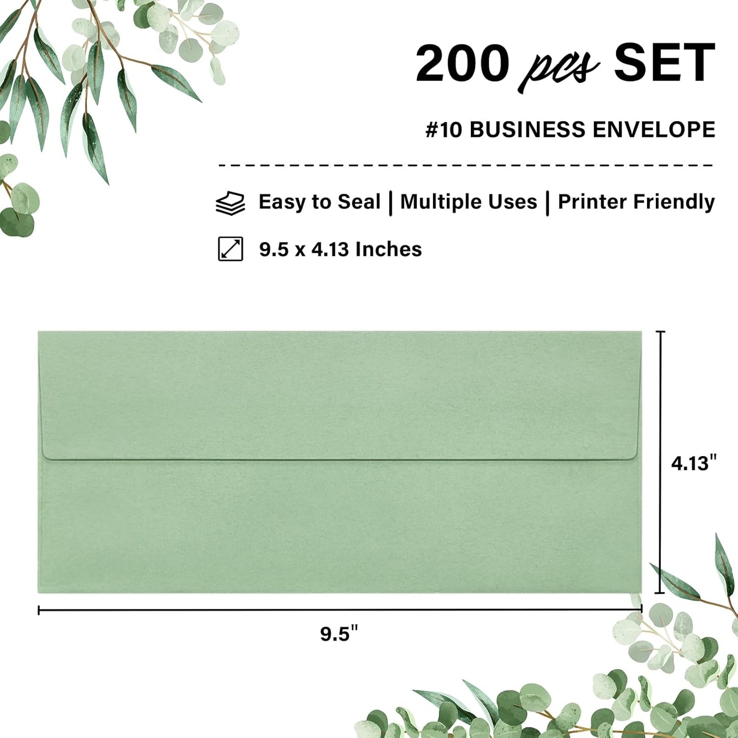 200 Pack #10 Business Envelopes, Self Seal Standard Sage Green Envelopes for Secure Business & Legal Mailing, Office, Checks, Letter, Invoices, 4 1/8 x 9 1/2 Inches