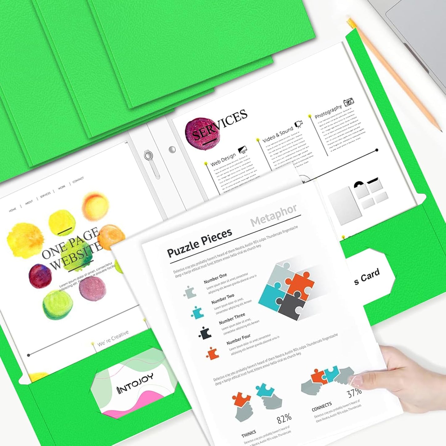 Folders with Pockets,IntoJoy 50 Pack Two Pocket Folders Business Card Holder Paper Folders with Prongs for School Office Filing Cabinet Resume Portfolio (Green)