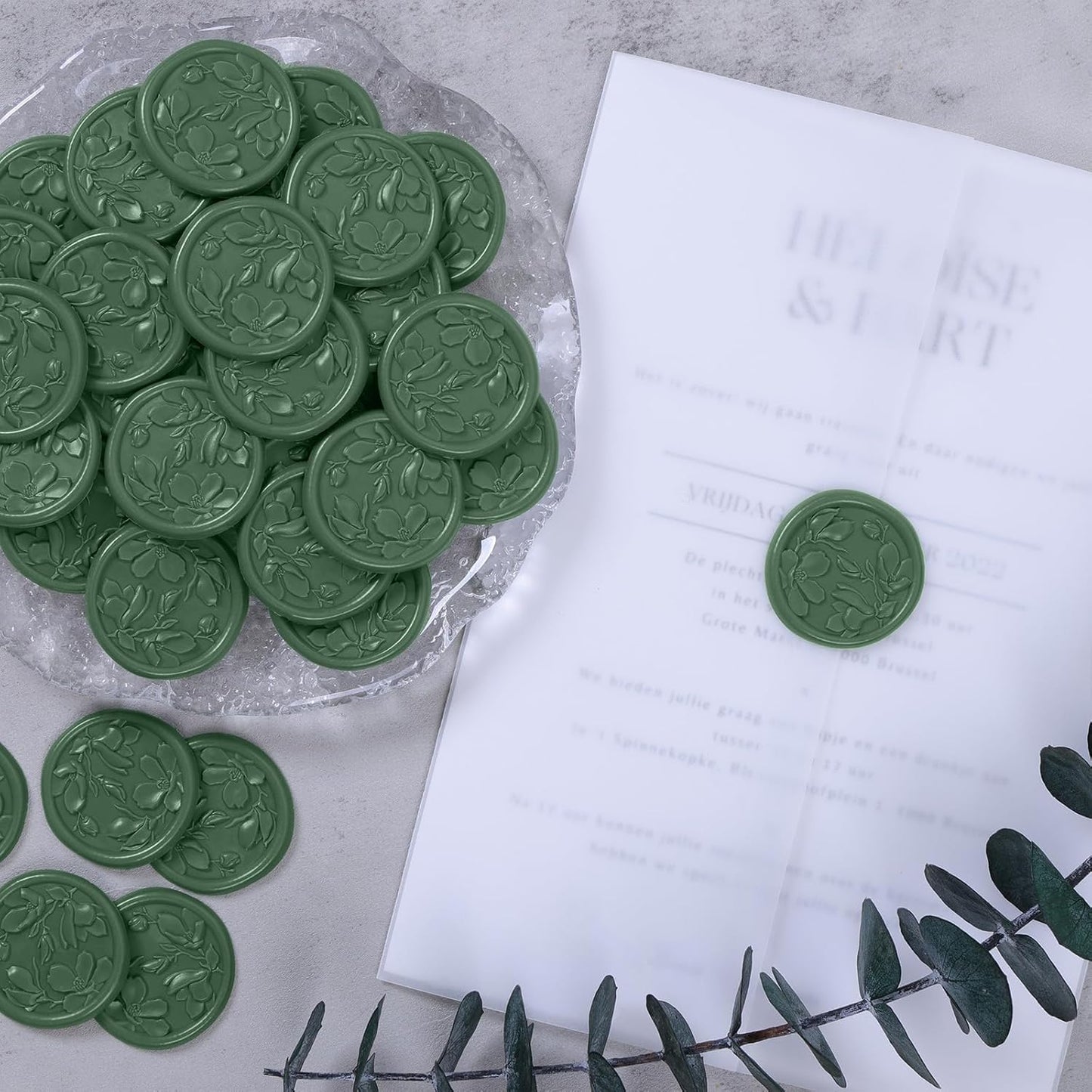UNIQOOO Wax Seal Stickers - 3D Magnolia Wedding Invitation Envelope Botanical Seal Stickers, 50 Pcs Self- Adhesive Olive Green Sticker, Perfect for Invitation, Christmas, Gift Wrapping, Party