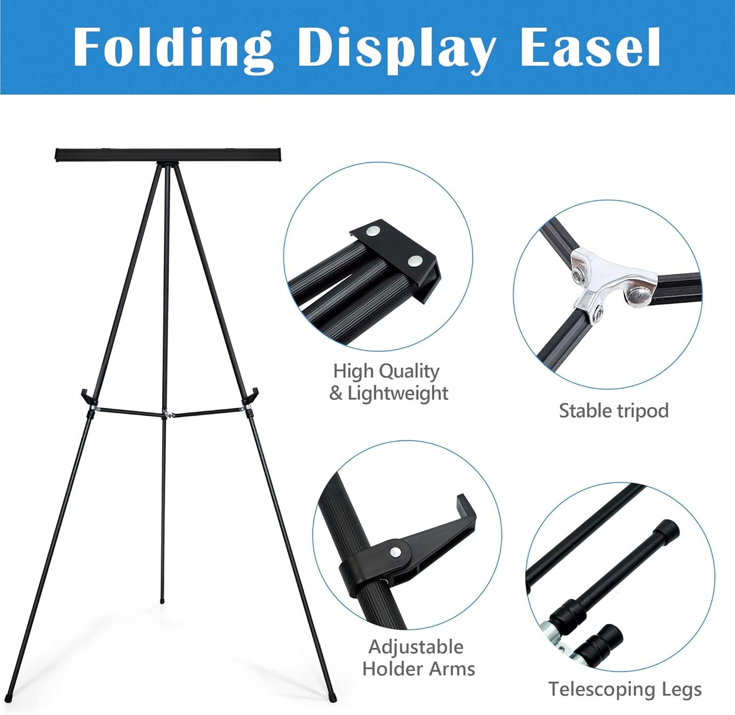 Falling in Art Aluminum Flip Chart Display Easel Stand with Adjustable Floor for Boardroom, Whiteboard, Paper Pads, Signage, 63 1/2'' High, Black