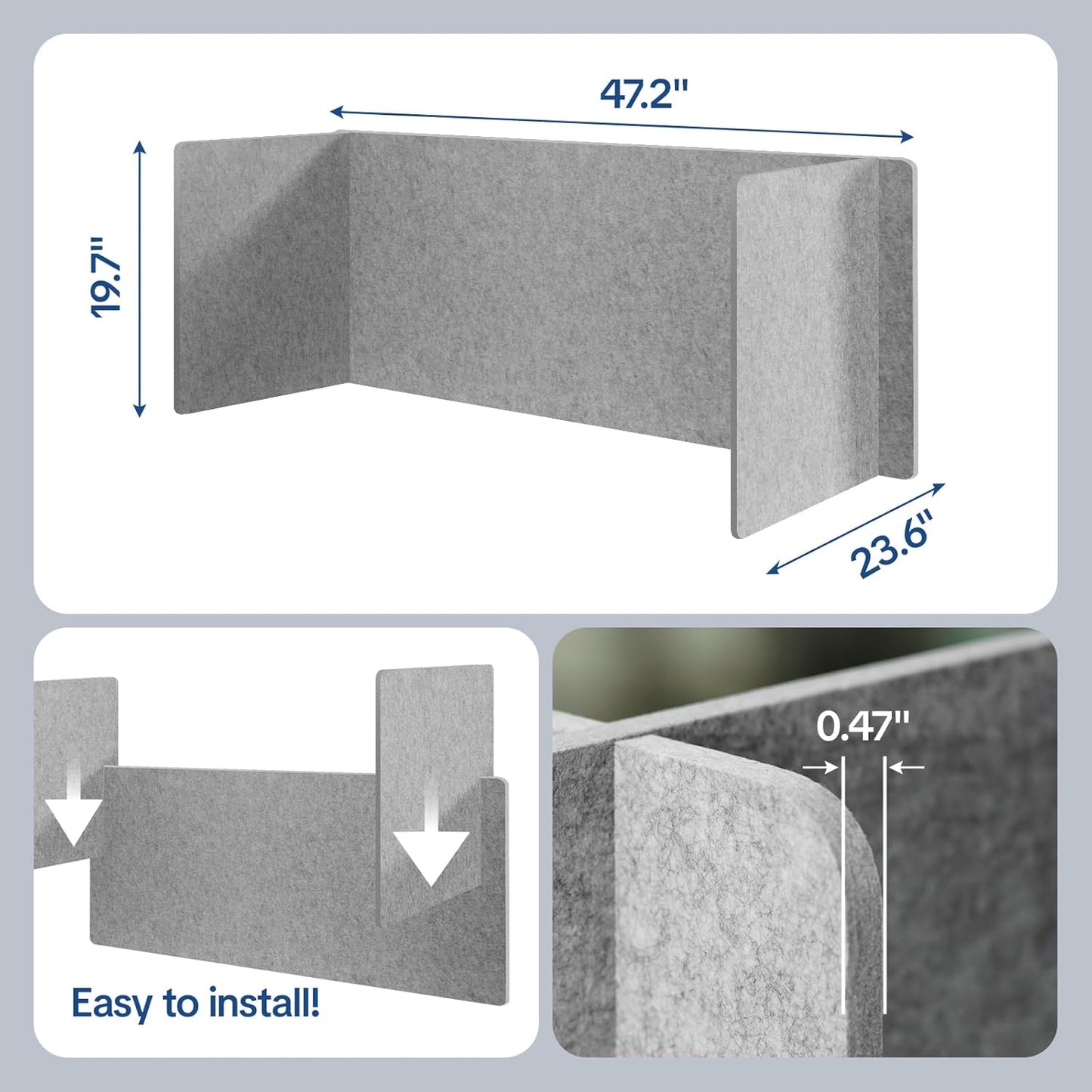 Desk Divider Privacy Screen 3 Panel Sound Absorbing - 47.2”x 23.6”x 19.7” Freestanding Acoustic Partitions for Office, Noise Reducing Panels for School, Home, Library,Sliver Grey