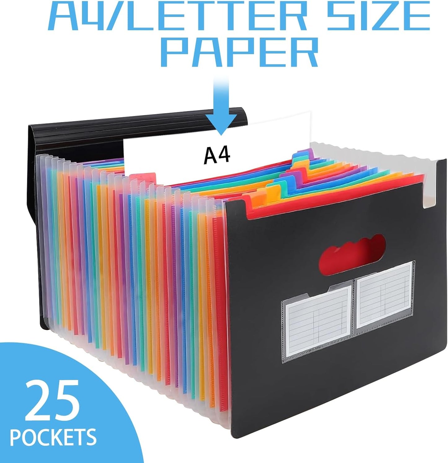 25 Pockets Plastic Expanding File Folders with Tabs, Black Accordion File Organizer, Portable Expandable Filing Box, Desktop Folder for School Office Letter A4 Paper Document Receipt Storage