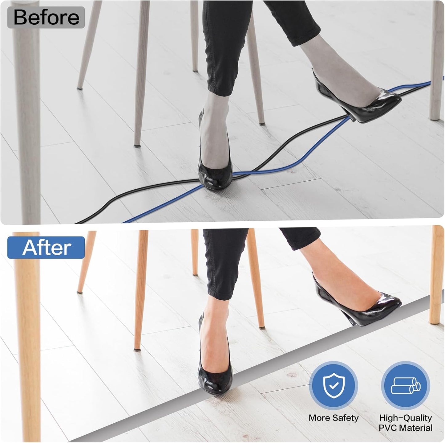 Floor Cord Cover Self Adhesive Cord Hider Floor Extension Cord Covers for Floor Power Cord Protector Cable Management Prevent Cable Trips Cable Cavity 0.47" W x 0.27" H (Grey, 20Ft)