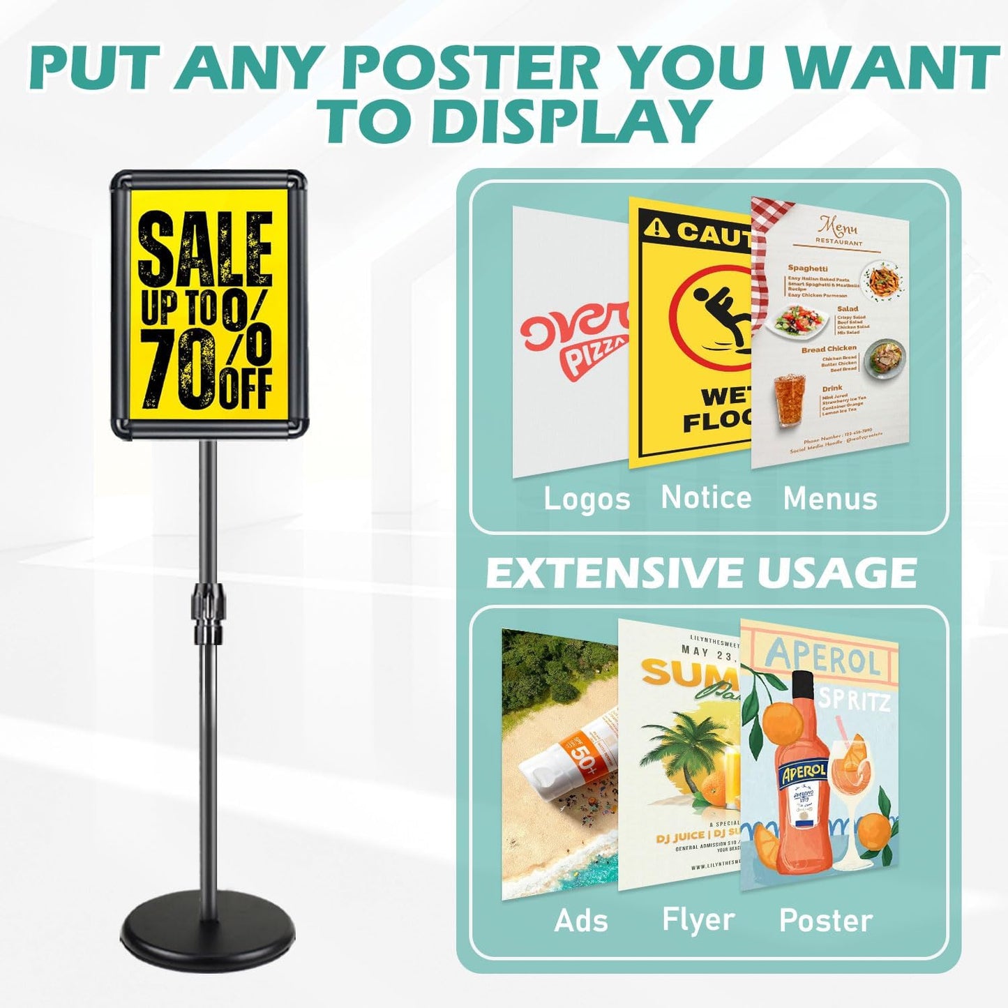 Sign Holder - 6 Packs Adjustable Standing Sign Stand Holder, Pedestal Floor Poster Stand 8.5x11 inch, Snap Frame for Vertical and Horizontal View, Sign Display Stand for Business Mall, Black
