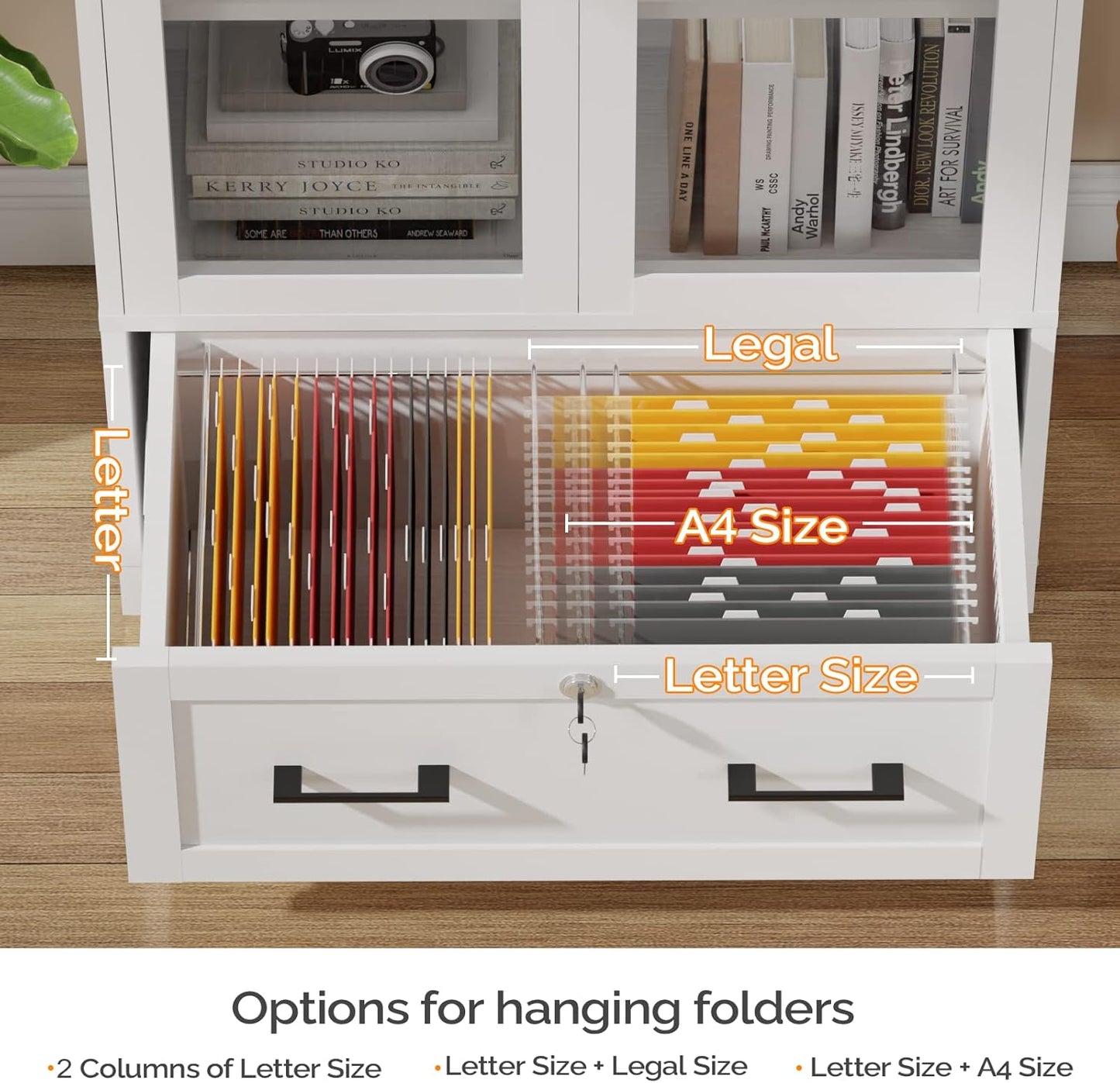 VINGLI Lateral File Cabinet with Glass Doors and Locking Drawer for Hanging File Folders, Bookshelf with Adjustable Shelves for Home Office (White, 30''W x 16''D x 55''H)