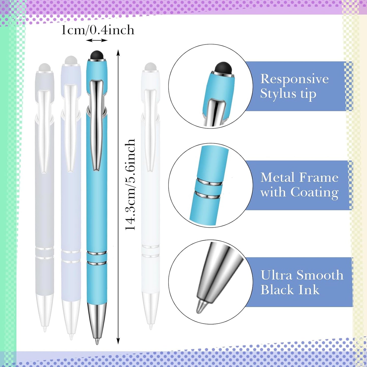 Zonon 38 Pieces Rubberized Ballpoint Pen with Stylus Tip Stylish Metal Pen Capacitive Styli with Soft Rubberized Grip, Black Ink for Most Devices (Blue Series)