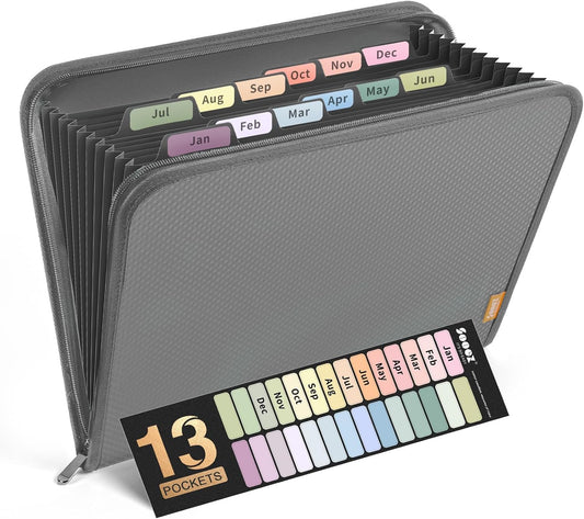 Sooez 13 Pocket Accordion File Organizer, Zipper Expanding File Folder Organizer, Reinforced Plastic Accordion Folder, A4 Letter Size, Portable Folders for Documents, Grey