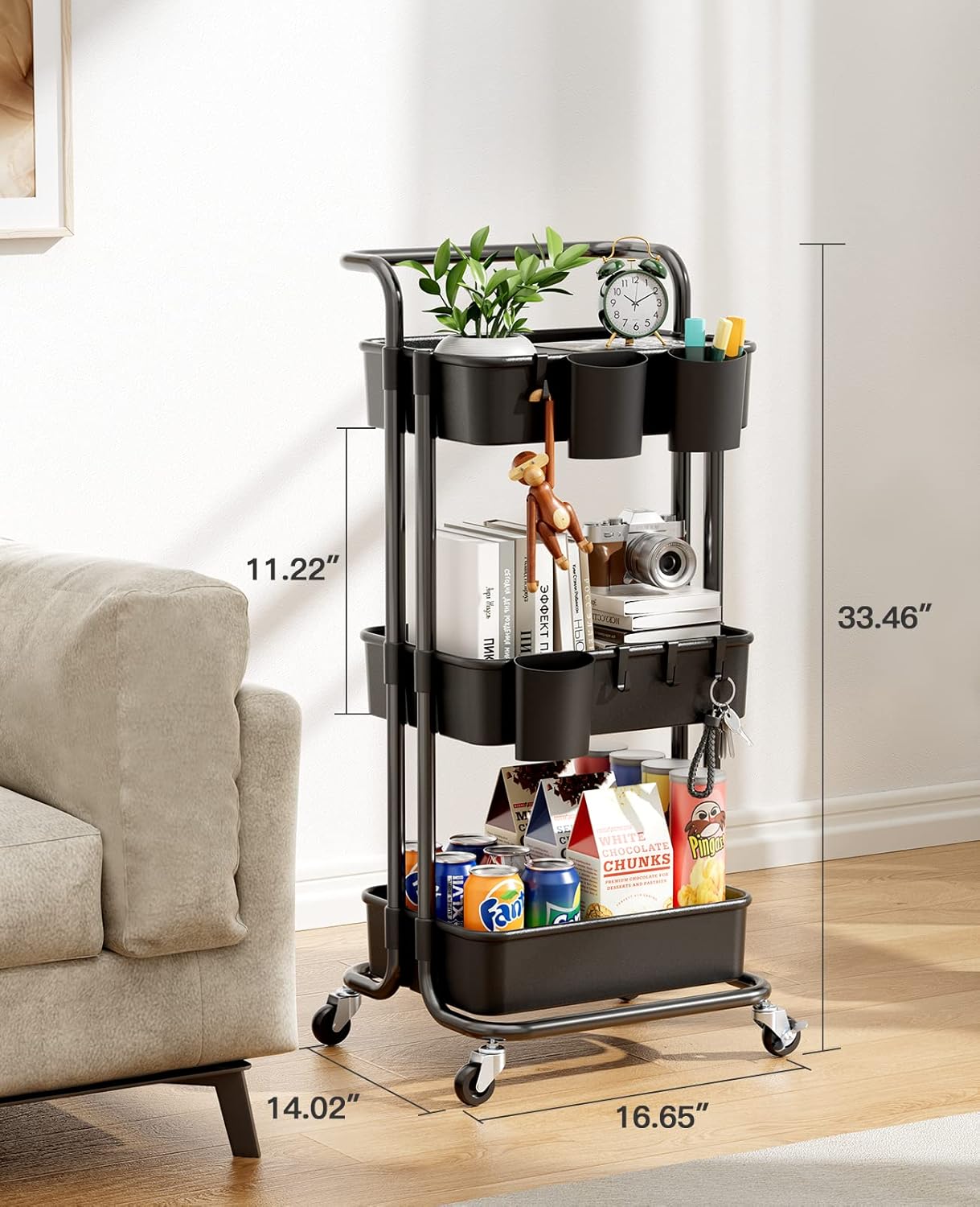 Pipishell 3 Tier Rolling Cart with Wheels - Metal Rolling Cart Organizer with 3 Hanging Cups & 4 Hooks - Art Carts Organizer for Office, Kitchen, Craft Room, Bedroom, Bathroom, Laundry Room (Black)