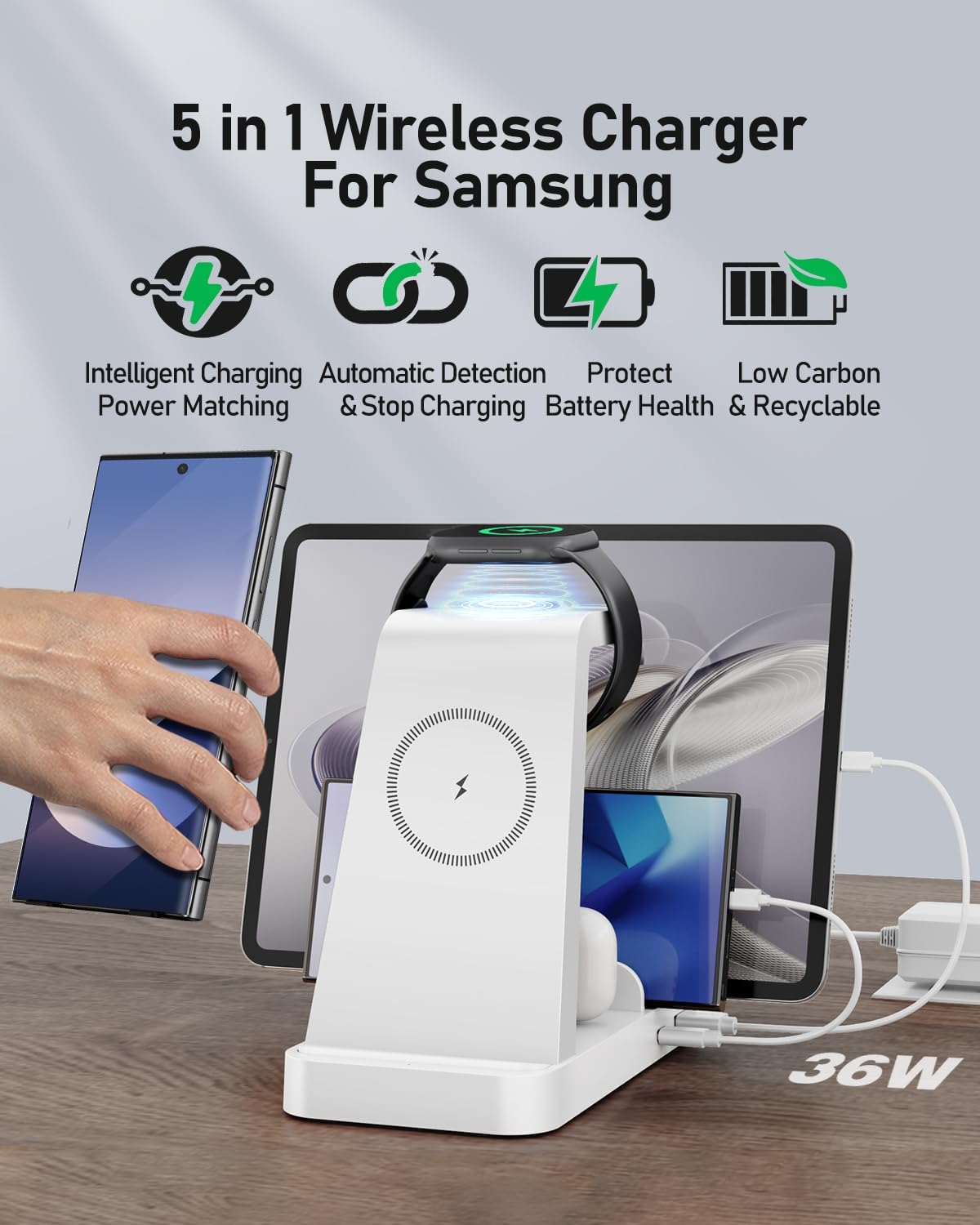 5 in 1 Wireless Charger for Samsung, Wireless Charging Station for Multiple Devices, Fast Charger Stand for Samsung Galaxy S25 Ultra S24 S23 S22 S20 Note 20 10 Z Fold 7 6 Galaxy Watch 7 6 5 Buds,White