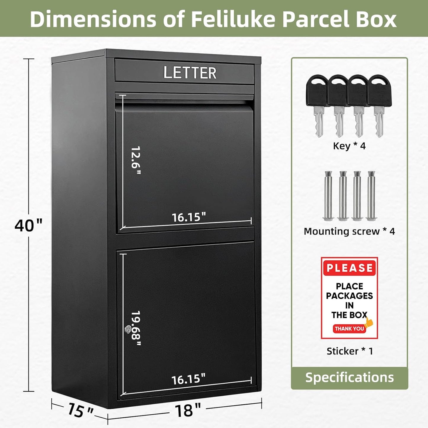Package Delivery Boxes for Outside, Extra Large Capacity Modern Mailbox, Outdoor Freestanding Porch Box for Package (Black)