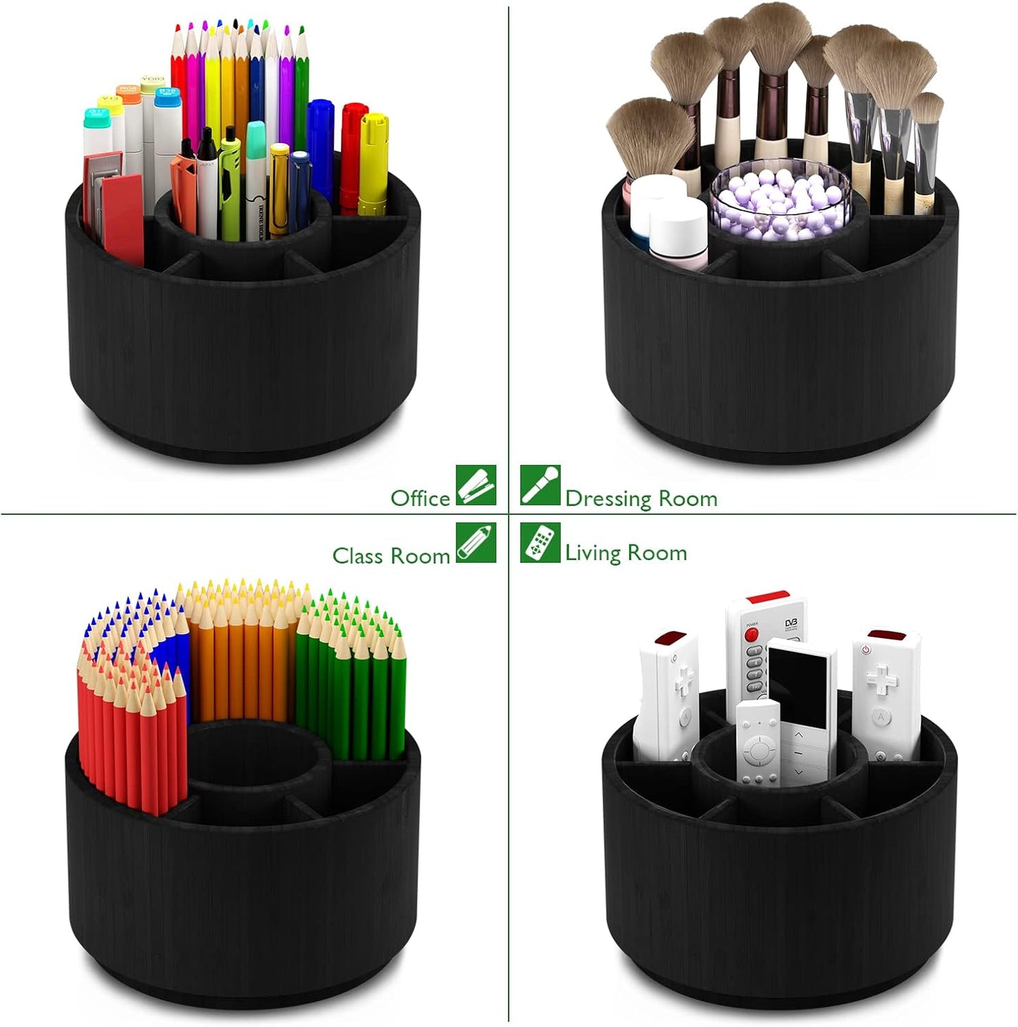 Bamboo Rotating Pencil Holder for Desk - Pen Holder Desk Organizer with 7 Compartments, Black Office Supplies Desktop Storage Caddy for Colored Pencils, Markers, Crayon, Comestics and Cutlery