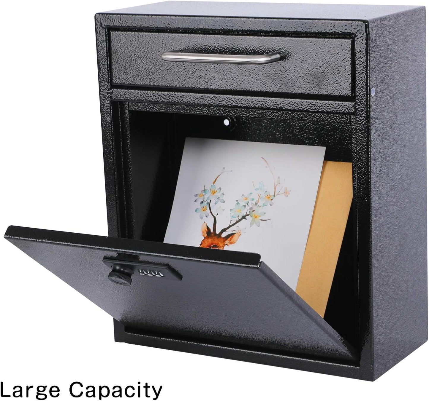 xydled Wall-Mount Mailboxes with Combination Lock, Steel Combination Lock Mail Boxes Outdoor, Locking Wall Mount Mailbox, Security Key Drop Box, 13.4H x 11.6L x 5.8W Inches, Black, Large