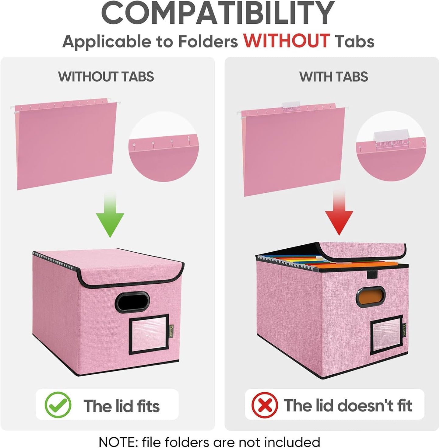 BALEINE File Organizer Box with Lid, Collapsible File Folder Organizer with Plastic Slide, Hanging File Folder Box for Office Document Storage (2 Pack, Pink)