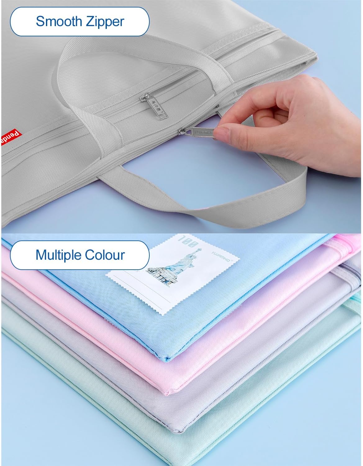 Pendancy Mesh Zipper Pouch 11x13.7 in, Large Double Pocket Waterproof File Bag with Handle, A4 Size Foldable Document Storage for Puzzle Project/Cross Stitch/Travel/Office（Gray）