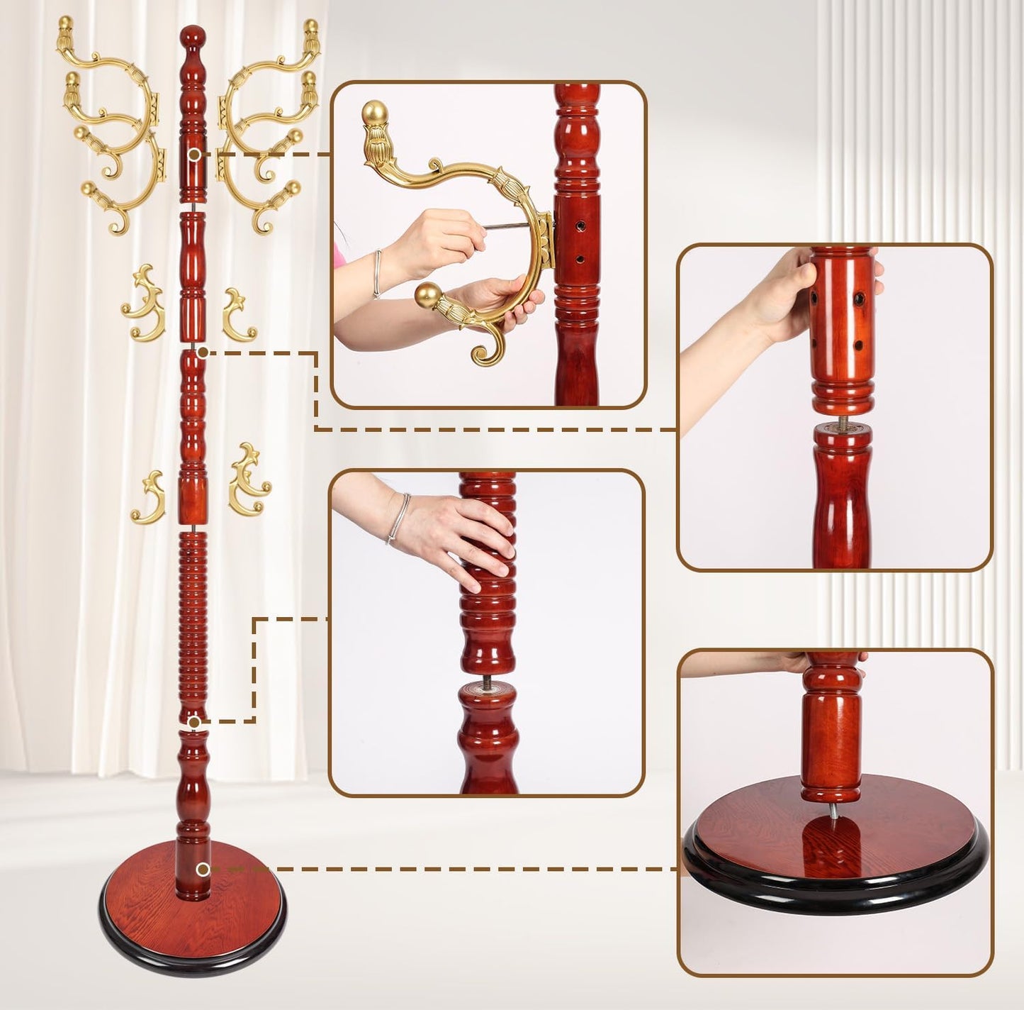 Coat Rack Stand, Solid Wooden Coat Tree with 14 Hooks, Heavy Duty Coat Rack Freestanding with Sturdy Round Base, Natural Birch Wood Coat Hanger Stand for Entryway Bedroom (Begonia)