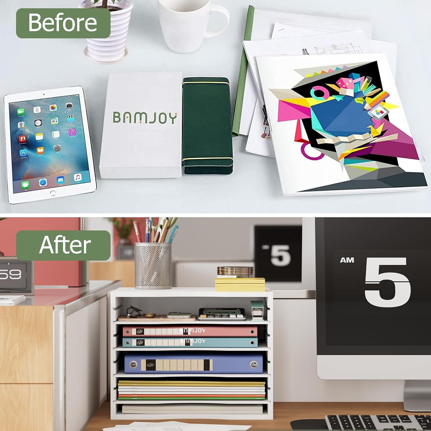 Bamjoy Bamboo 5 Tier Desktop Organizer, Paper Organizer Mail Sorter, File Holder Letter Document Storage with Adjustable Shelves for School Home Office, White