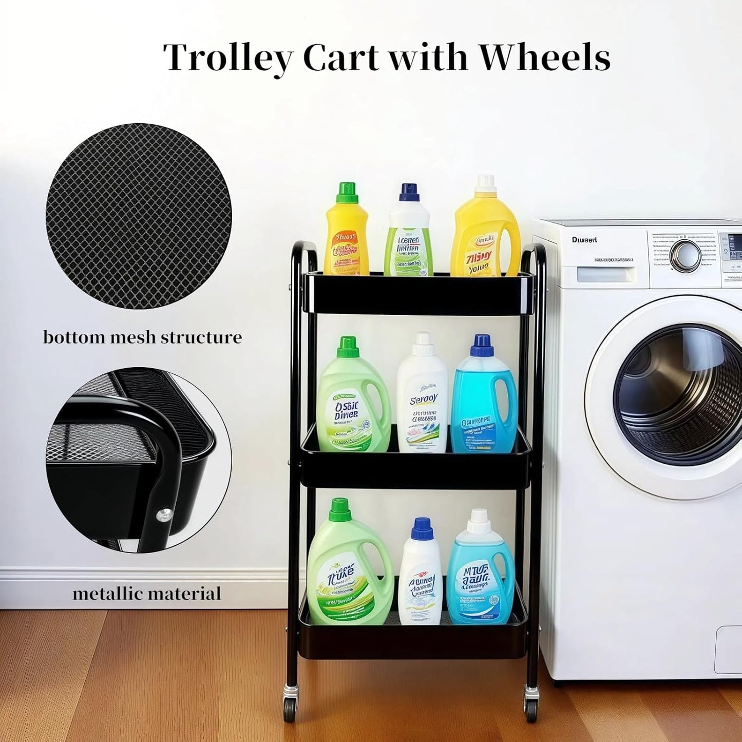 3 Tier Rolling Storage Cart for Kitchen Storage & Laundry Room Organization, Large Capacity Metal Utility Cart on Wheels and 4 Hooks for Art Lash Craft Bedside, Sturdy Nursery Organizer, Black