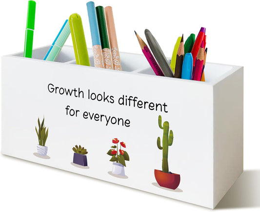 Growth Looks Different for Everyone Inspirational Mental Health Pen Holder for Desk, Motivational Plant Wooden Pen Pencil Holder Organizer for Therapist Counselor Office Desk Accessories