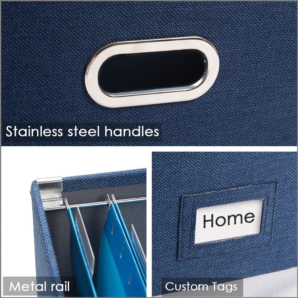 PRANDOM File Organizer Box - Set of 1 Collapsible Decorative Linen Filing Storage Hanging File Folders with Lids Office Cabinet Letter/Legal Size Navy Blue (17x14x11.2 inch)