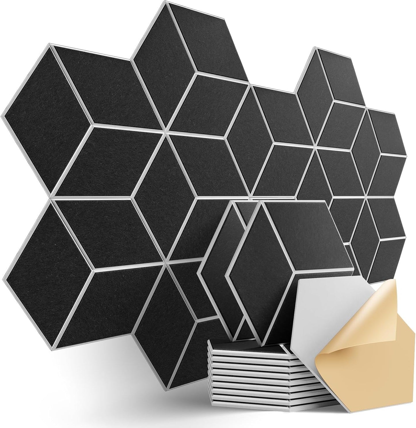 12-Pack Self-Adhesive Acoustic Panels 12" x 10" x 0.4" High-Density, Flame-Resistant Soundproof Foam. Absorbs Noise and Eliminates Echoes, Hexagonal 3D Design(BlackFace)