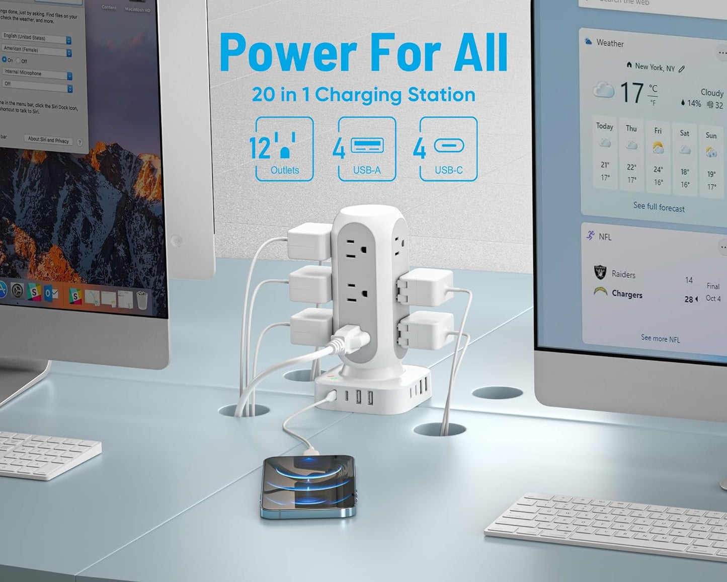 Tower Surge Protector Power Strip, 10FT Extension Cord with Multiple Outlets, Flat Plug Outlet Extender with 12 AC Outlets & 8 USB Ports, 24W Total Charging Station for Home Office Dorm Room